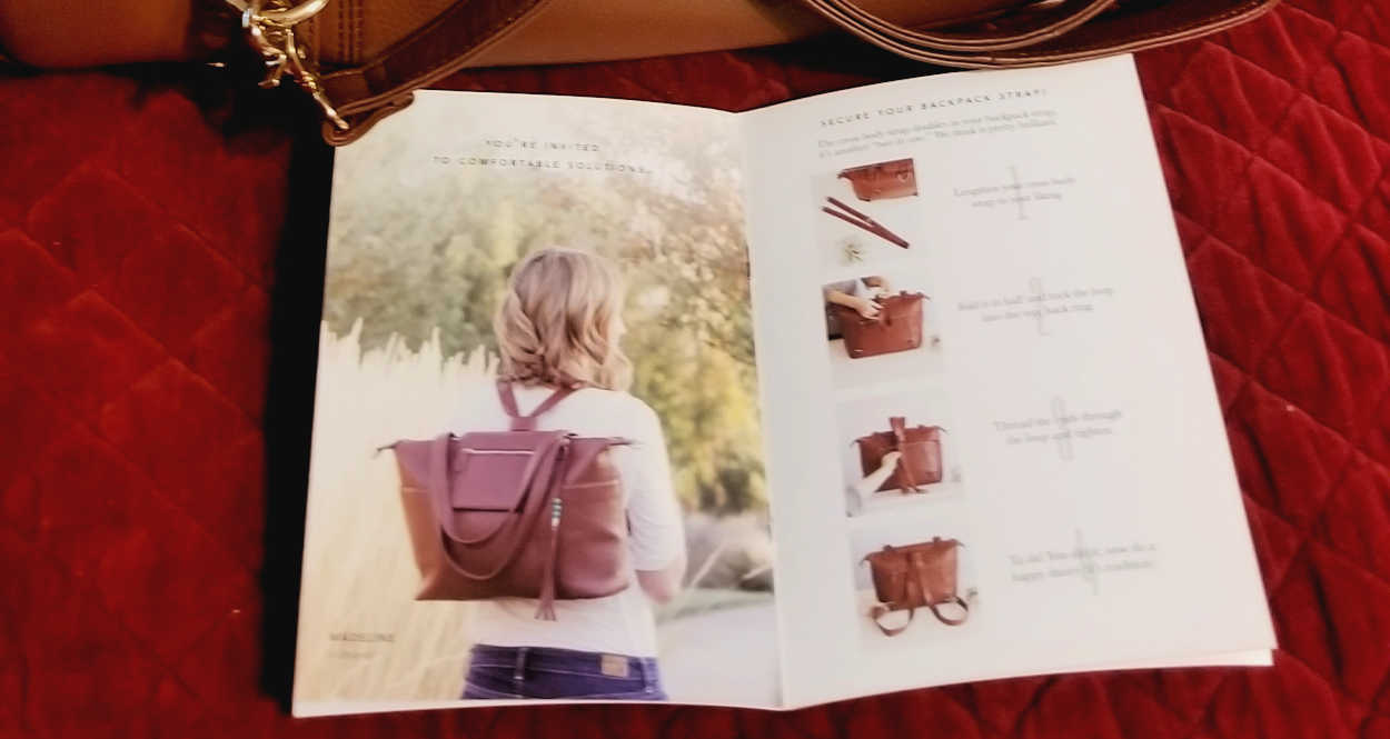 Instruction pages on backpack carry with the included strap Lily Jade