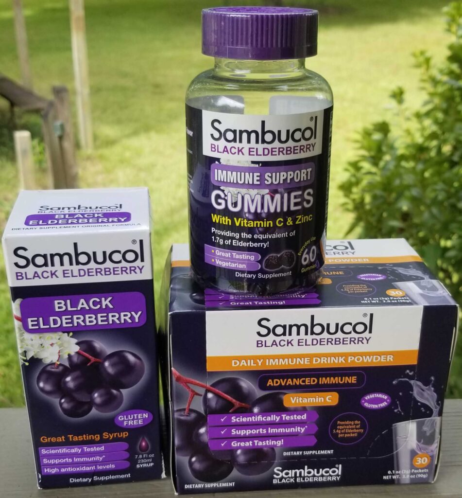 Sambucol® Black
Elderberry Gummies, one large Sambucol Original Syrup, and one 30-count
box of Sambucol Immune Powder Drink with Vitamin C