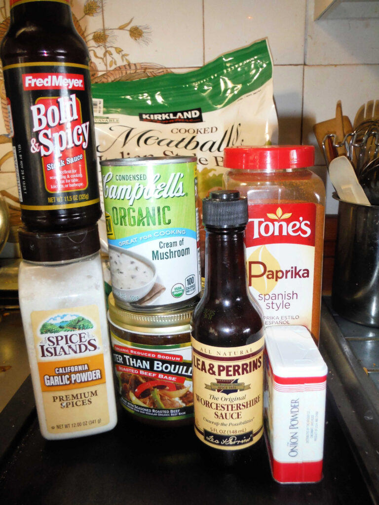 Ingredients (except sour cream) ready to measure and put into the crock-pot for cooking.