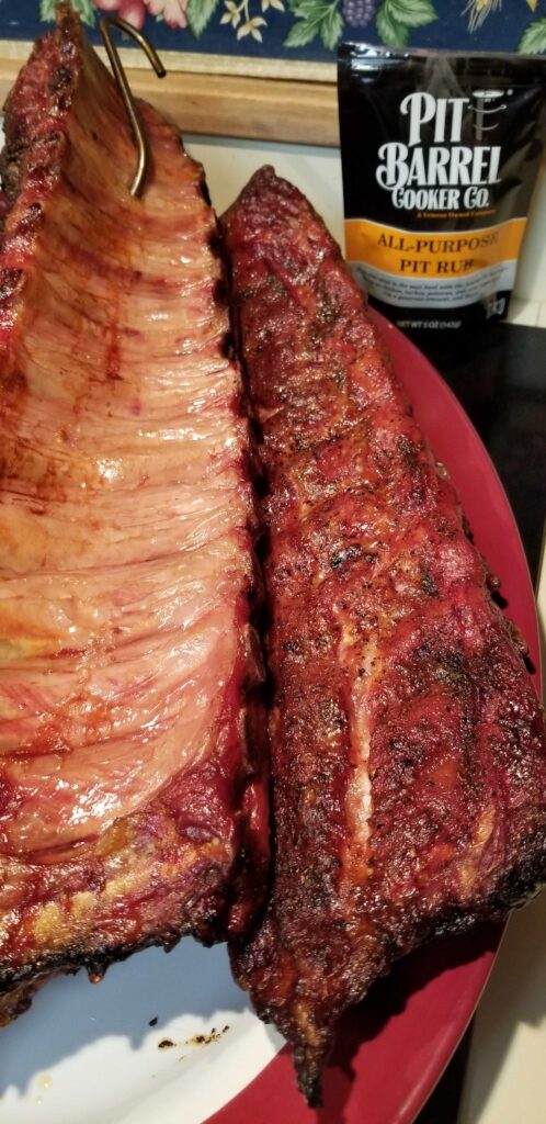 Cooked ribs made in the Pit Barrel Junior with the All-Purpose Pit Rub.