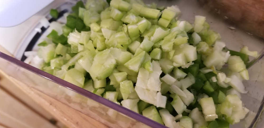Celery, Green Pepper and Onions diced in vegetable chopper.
