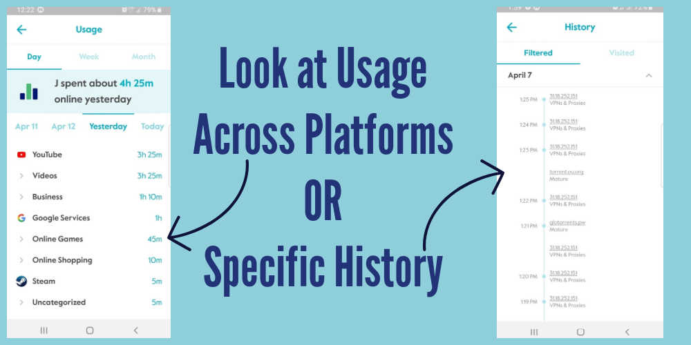 Screenshots of Usage and Filtered history pages in Circle Parental Controls App.