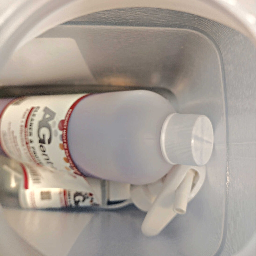AGent+ products are packaged in a nested format with the smaller bottles placed inside the larger jug.