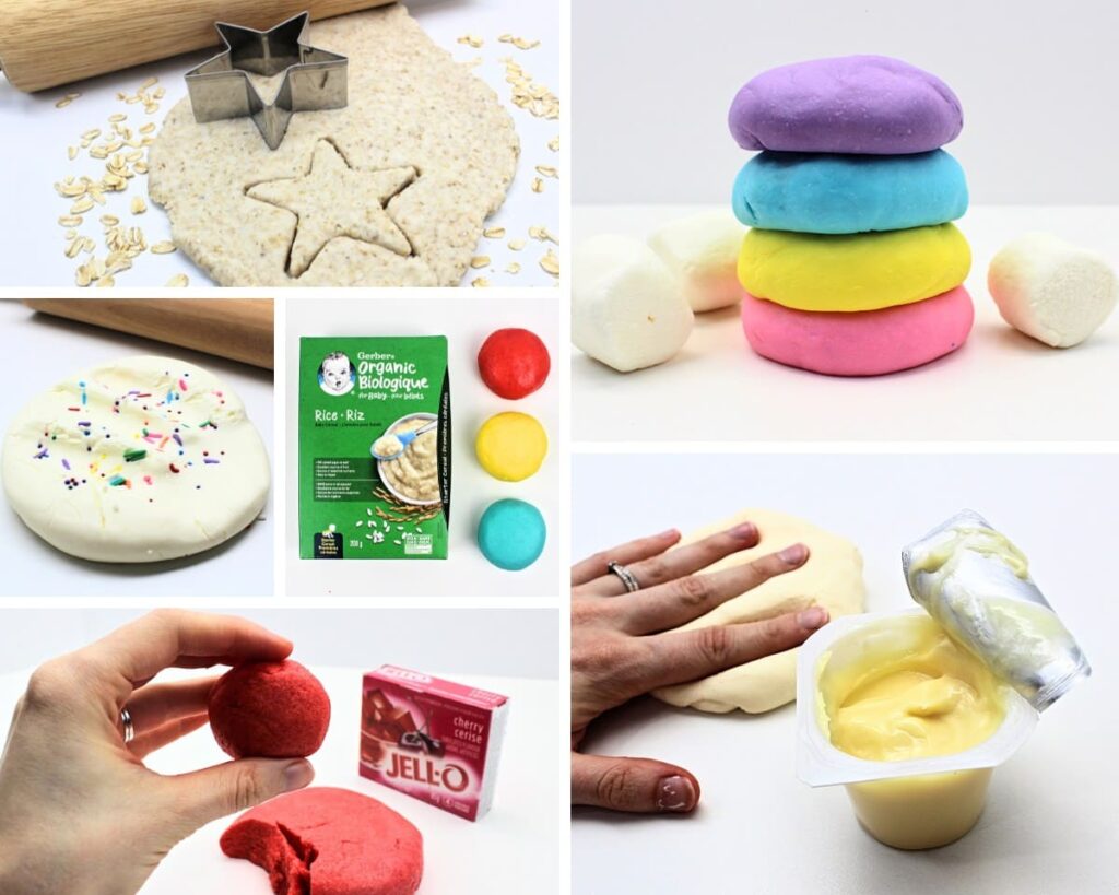 Collage of different playdough made from edible ingredients.