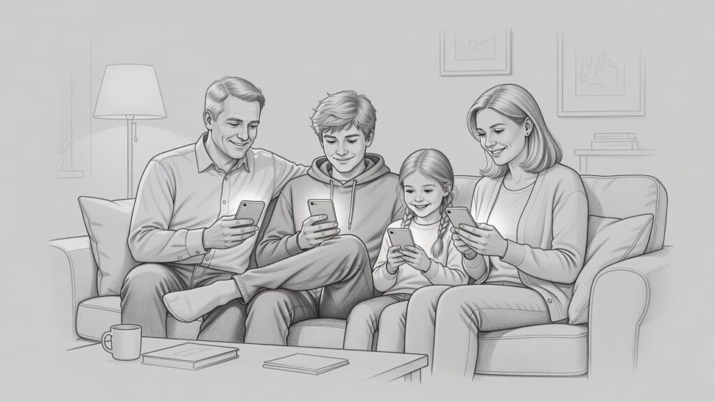 Black-and-white sketch illustration of a family of four sitting together on a living room couch, each using a smartphone. A father, mother, teenage son, and young daughter smile while looking at their screens, with a coffee table, lamp, books, and framed wall art completing the cozy home setting.