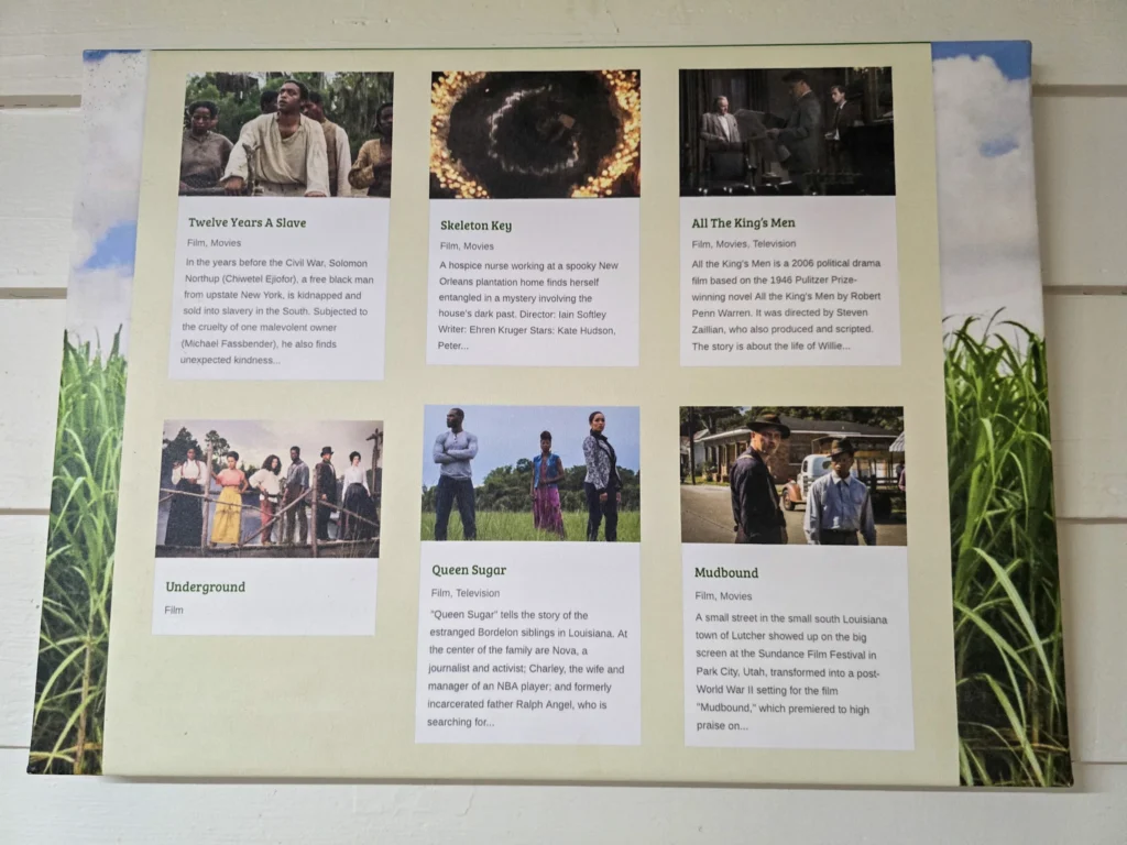 Display highlighting movies and television shows filmed at St. Joseph Plantation and Felicity Plantation in Louisiana.