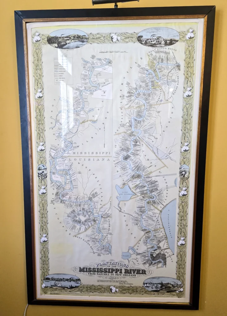 Historic map showing sugar cane plantations along the Mississippi River between Natchez and New Orleans, Louisiana.
