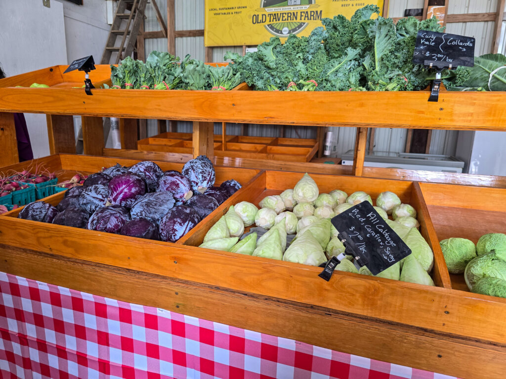 Fresh red and green cabbage, kale, and other locally grown vegetables displayed in wooden bins at Old Tavern Farm in Virginia.